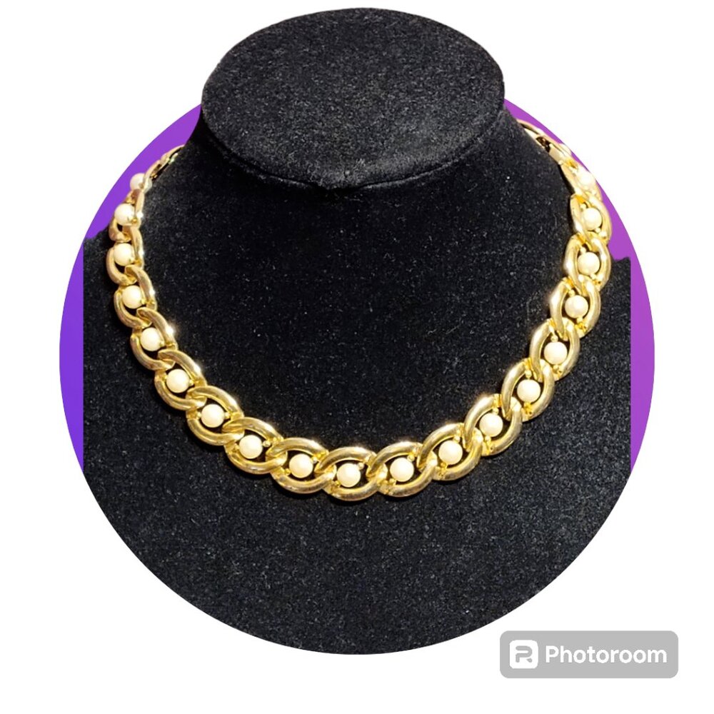 Vintage Gold Tone Caged Faux Pearl Choker Statement 17.5"